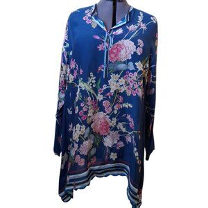 Johnny Was Blue Pink Floral Handkerchief Silk Top Sz XXL